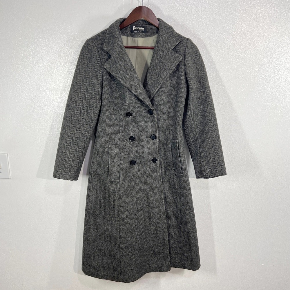 Vtg. Forecaster of Boston Wool Blend Herringbone Double Breasted Trench Coat‎